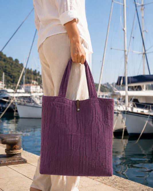 BORSE TOTE BAG EFFETTO TRAPUNTATO IN TESSUTO COTONE MISTO LINO EFFETTO STROPICCIATO