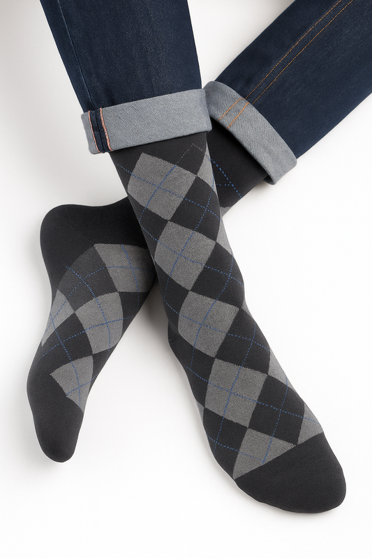 Calze invernali LUNGHE gambaletto in caldo cotone con disegno a ROMBI CLASSIC in confezione regalo taglia unica uomo