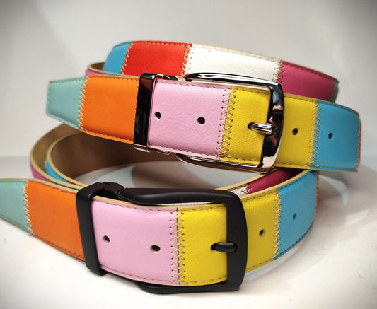 Cintura multicolore patchwork vera pelle cm 4 accorciabile Mod Capri in confezione regalo ECOPACK in cartone riciclato e sacchetto in cotone greggio