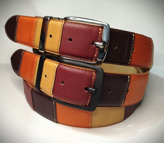 Cintura multicolore patchwork vera pelle cm 4 accorciabile Mod Capri in confezione regalo ECOPACK in cartone riciclato e sacchetto in cotone greggio