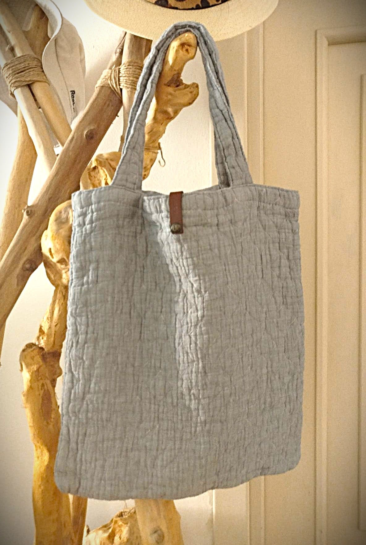 BORSE TOTE BAG EFFETTO TRAPUNTATO IN TESSUTO COTONE MISTO LINO EFFETTO STROPICCIATO