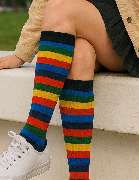 Calze invernali LUNGHE RIGA COLORATA in caldo cotone  in confezione regalo taglia unica donna ragazzo.