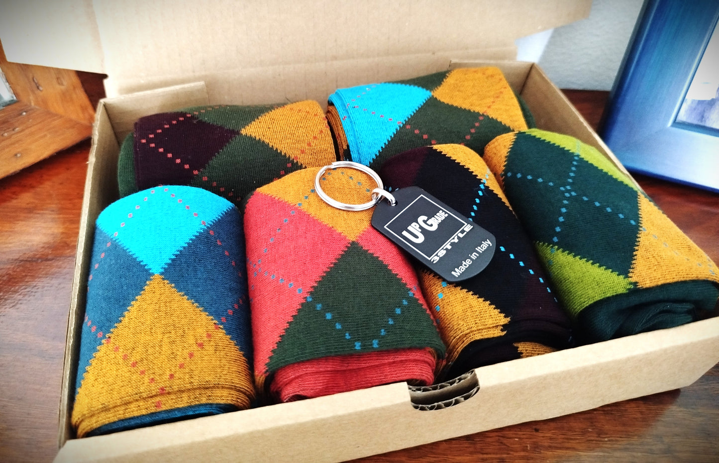 Calze invernali LUNGHE in caldo cotone con disegno a rombi classico in confezione regalo taglia unica uomo