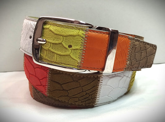 Cintura multicolore patchwork vera pelle cm 4 accorciabile Mod Capri 2 in confezione regalo ECOPACK in cartone riciclato e sacchetto in cotone greggio