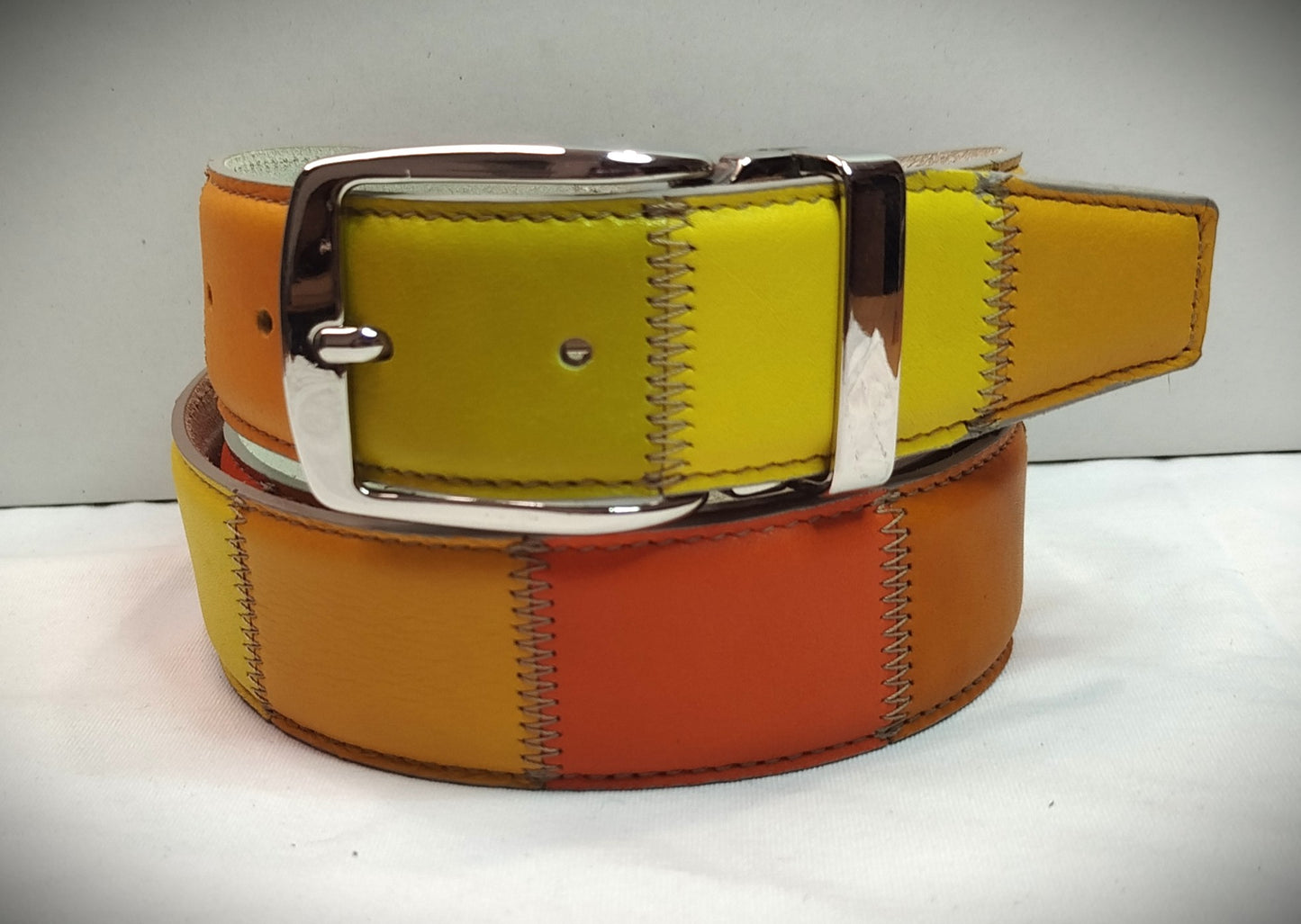 Cintura multicolore patchwork vera pelle cm 4 accorciabile Mod Capri 2 in confezione regalo ECOPACK in cartone riciclato e sacchetto in cotone greggio