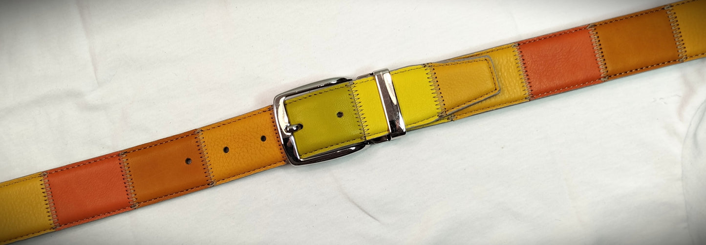 Cintura multicolore patchwork vera pelle cm 4 accorciabile Mod Capri 2 in confezione regalo ECOPACK in cartone riciclato e sacchetto in cotone greggio