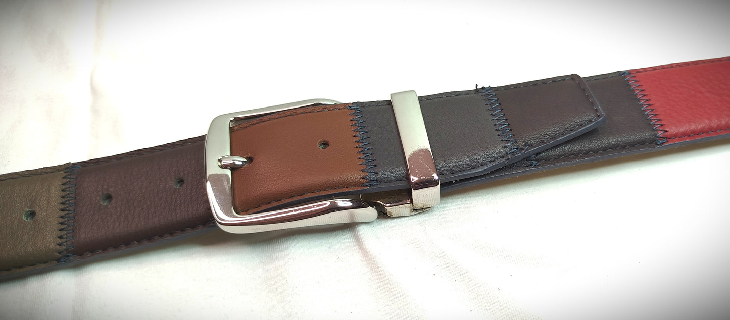 Cintura multicolore patchwork vera pelle cm 4 accorciabile Mod Capri 2 in confezione regalo ECOPACK in cartone riciclato e sacchetto in cotone greggio
