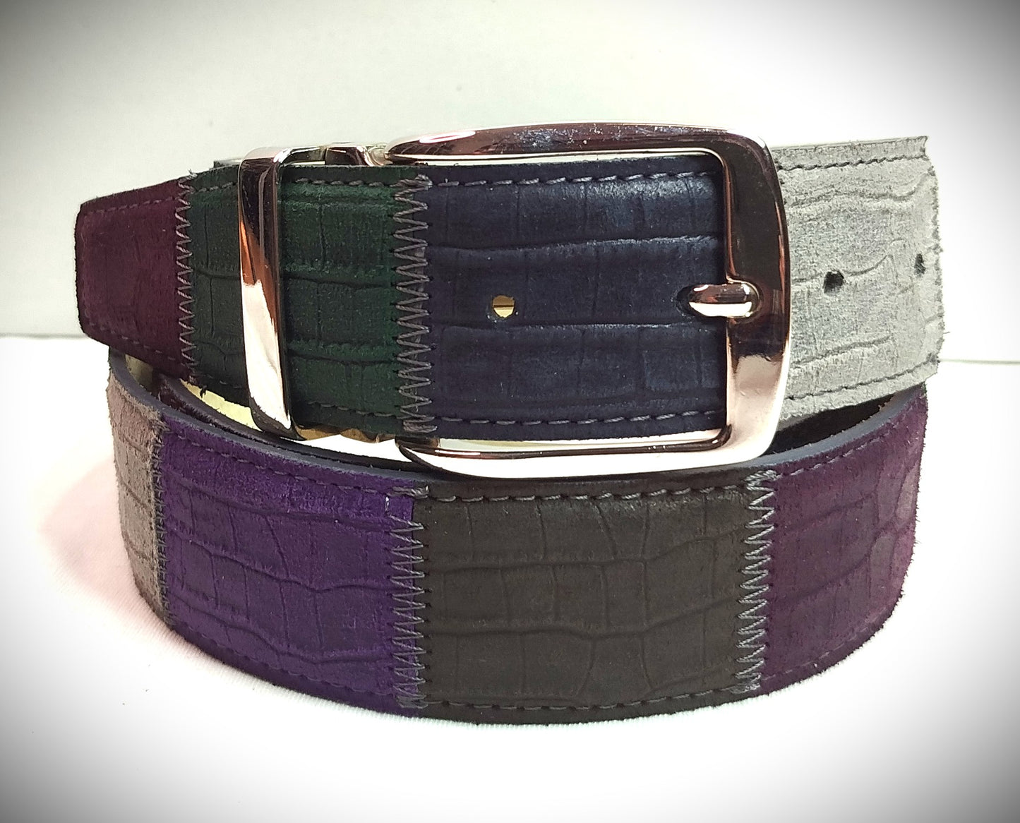 Cintura multicolore patchwork vera pelle cm 4 accorciabile Mod Capri 2 in confezione regalo ECOPACK in cartone riciclato e sacchetto in cotone greggio