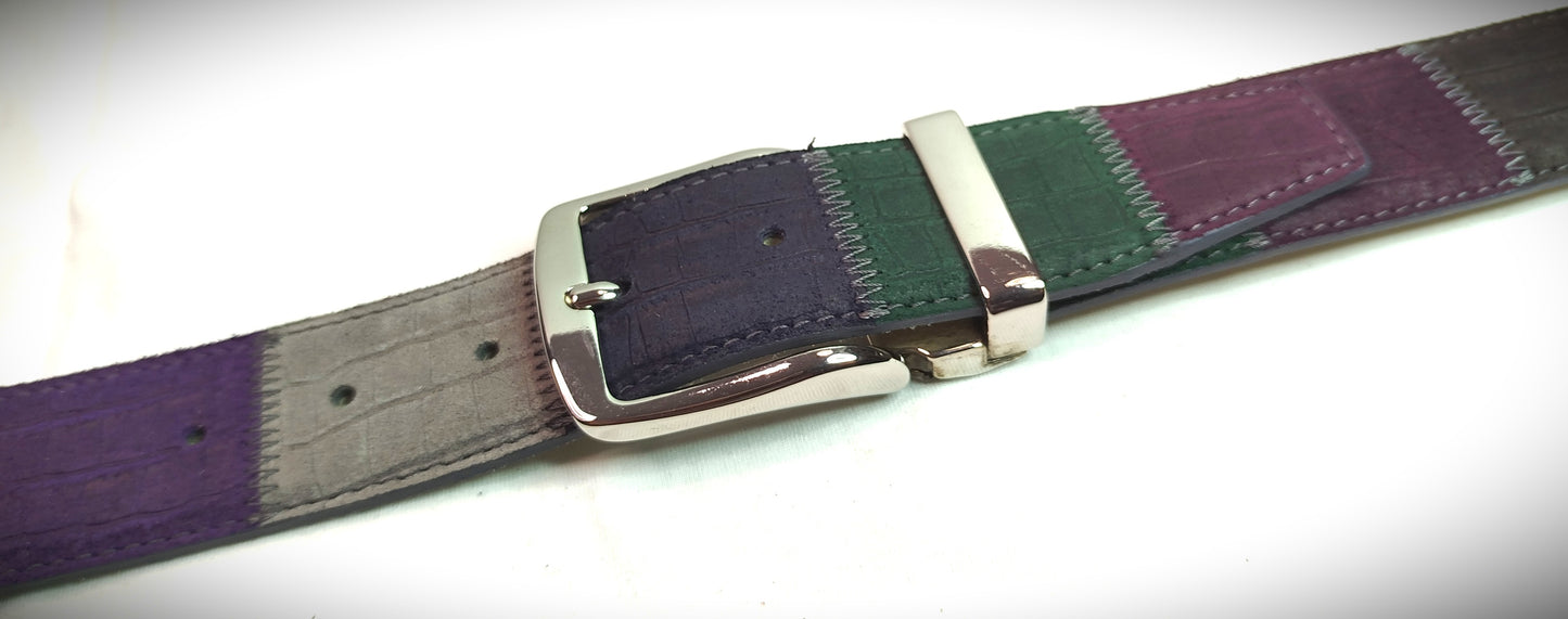 Cintura multicolore patchwork vera pelle cm 4 accorciabile Mod Capri 2 in confezione regalo ECOPACK in cartone riciclato e sacchetto in cotone greggio