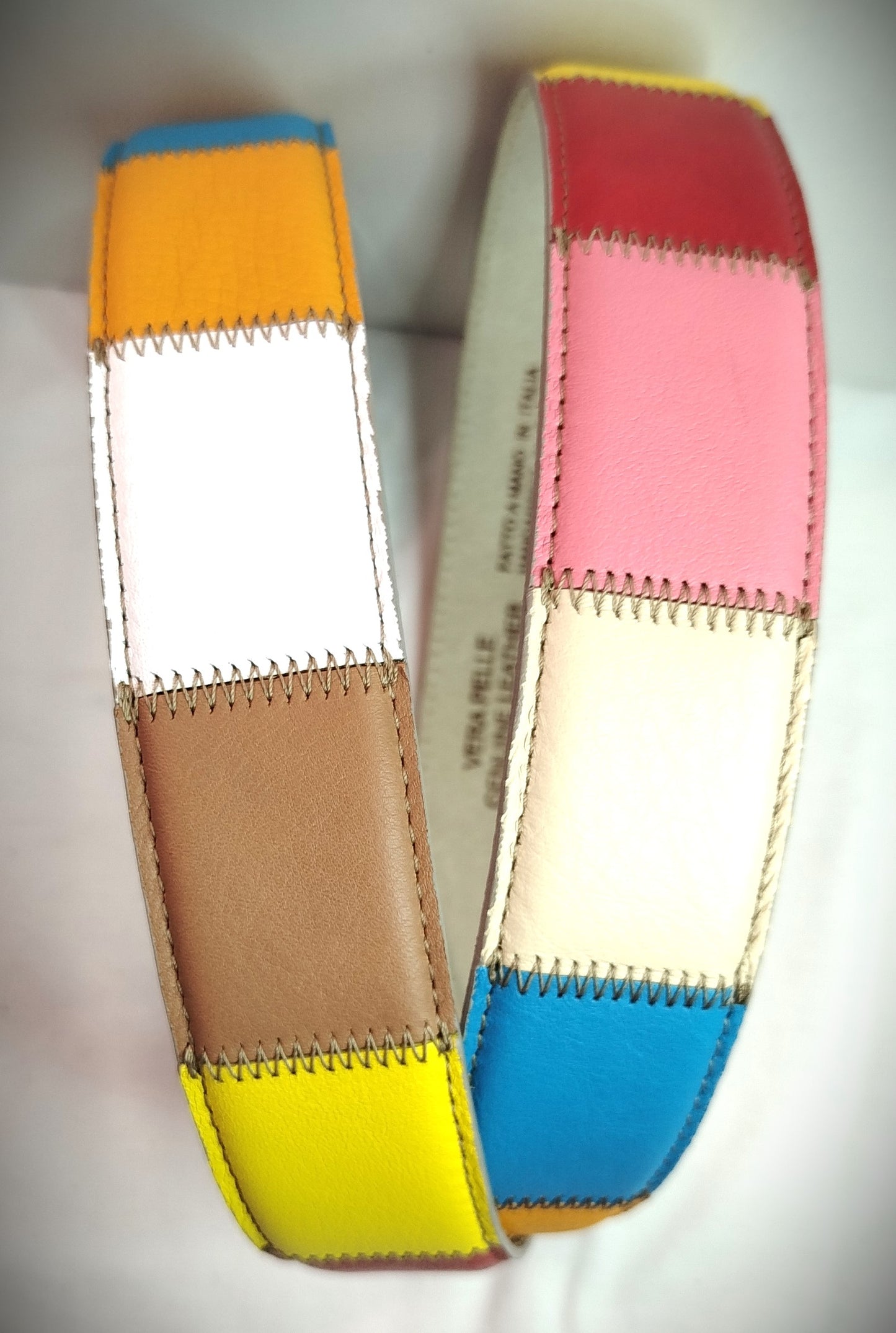Cintura multicolore patchwork vera pelle cm 4 accorciabile Mod Capri 2 in confezione regalo ECOPACK in cartone riciclato e sacchetto in cotone greggio