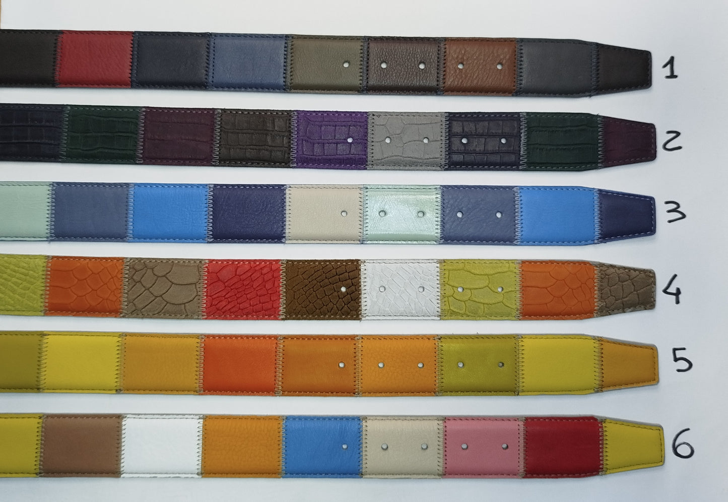 Cintura multicolore patchwork vera pelle cm 4 accorciabile Mod Capri 2 in confezione regalo ECOPACK in cartone riciclato e sacchetto in cotone greggio