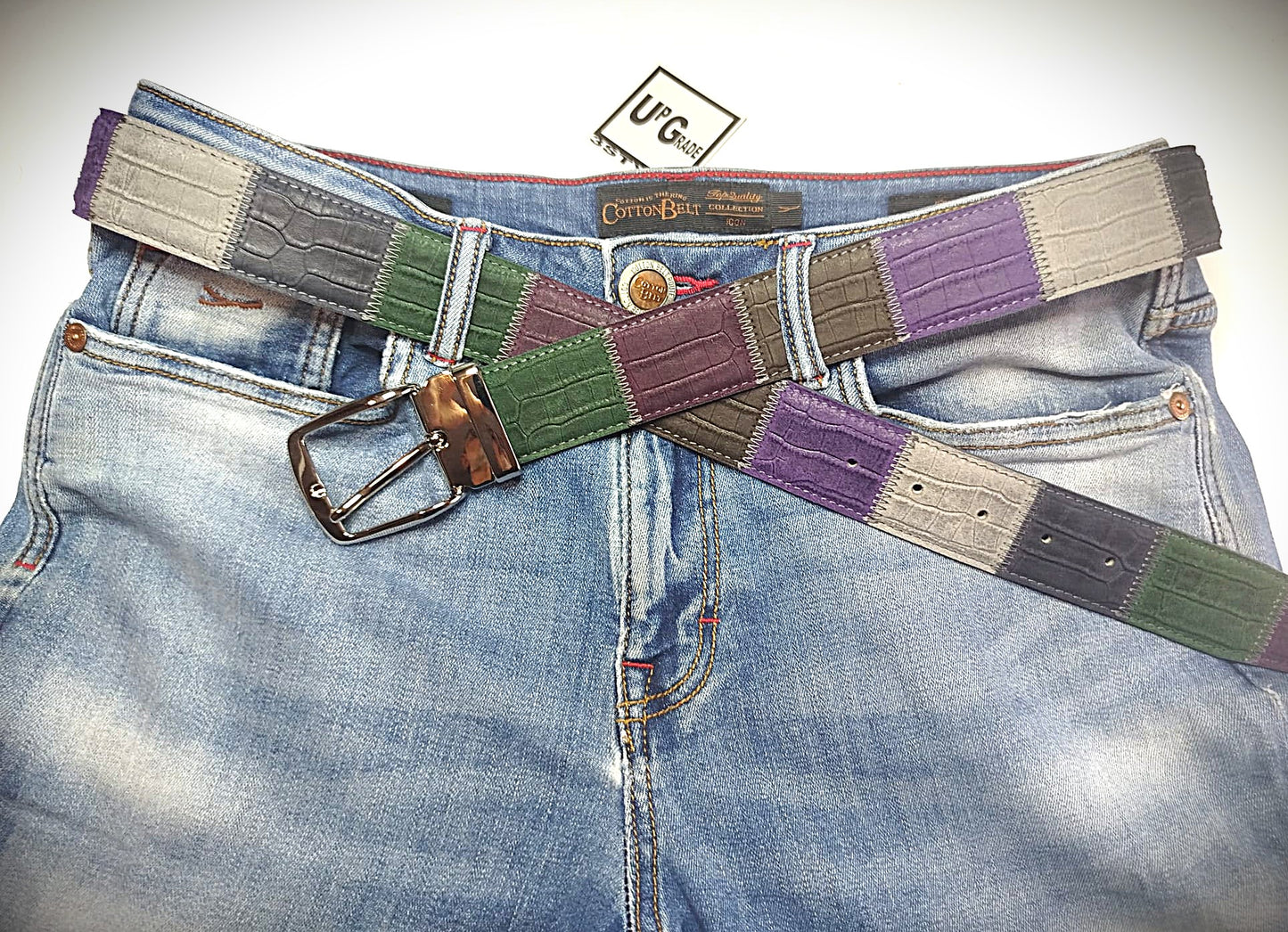Cintura multicolore patchwork vera pelle cm 4 accorciabile Mod Capri 2 in confezione regalo ECOPACK in cartone riciclato e sacchetto in cotone greggio