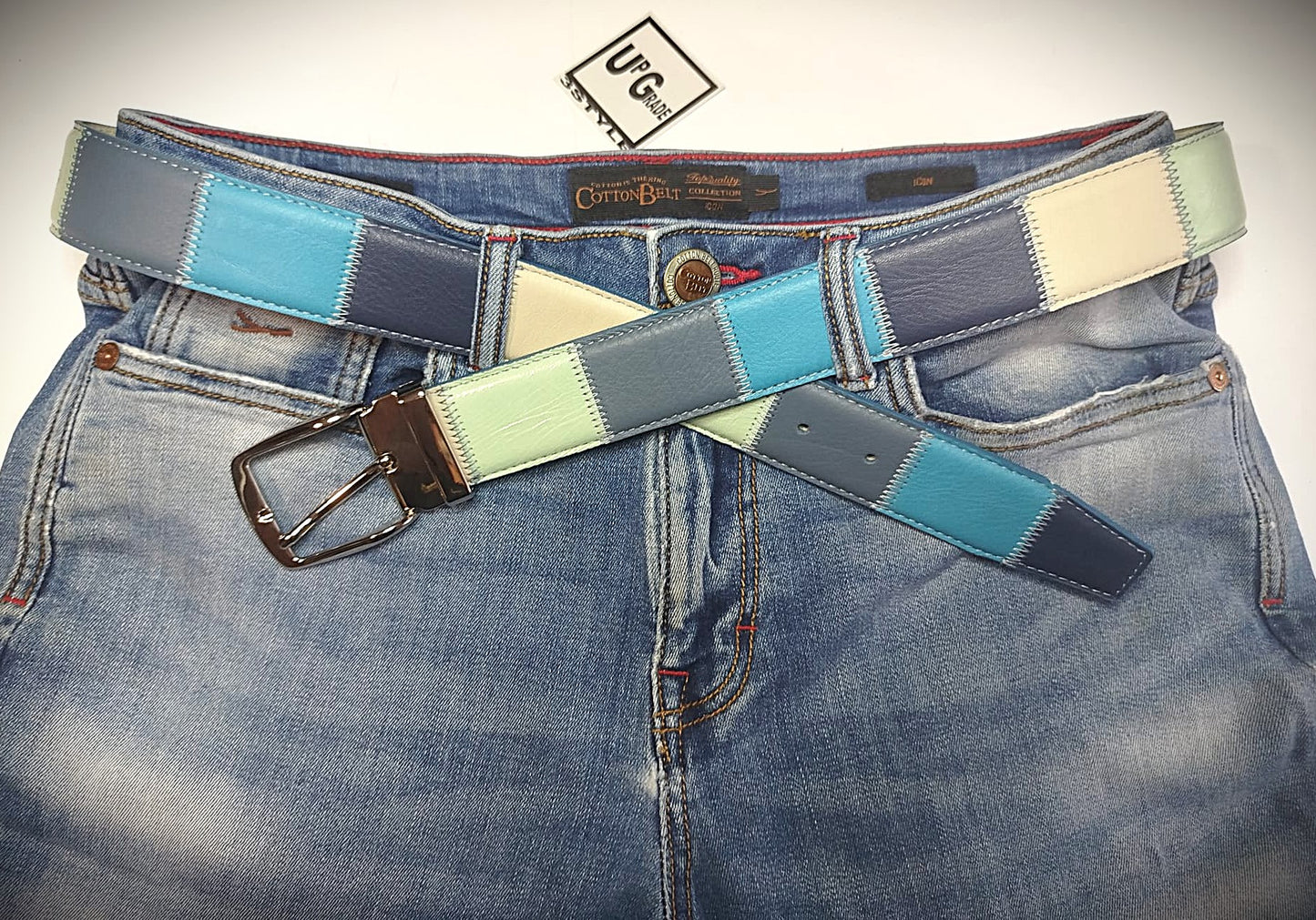 Cintura multicolore patchwork vera pelle cm 4 accorciabile Mod Capri 2 in confezione regalo ECOPACK in cartone riciclato e sacchetto in cotone greggio