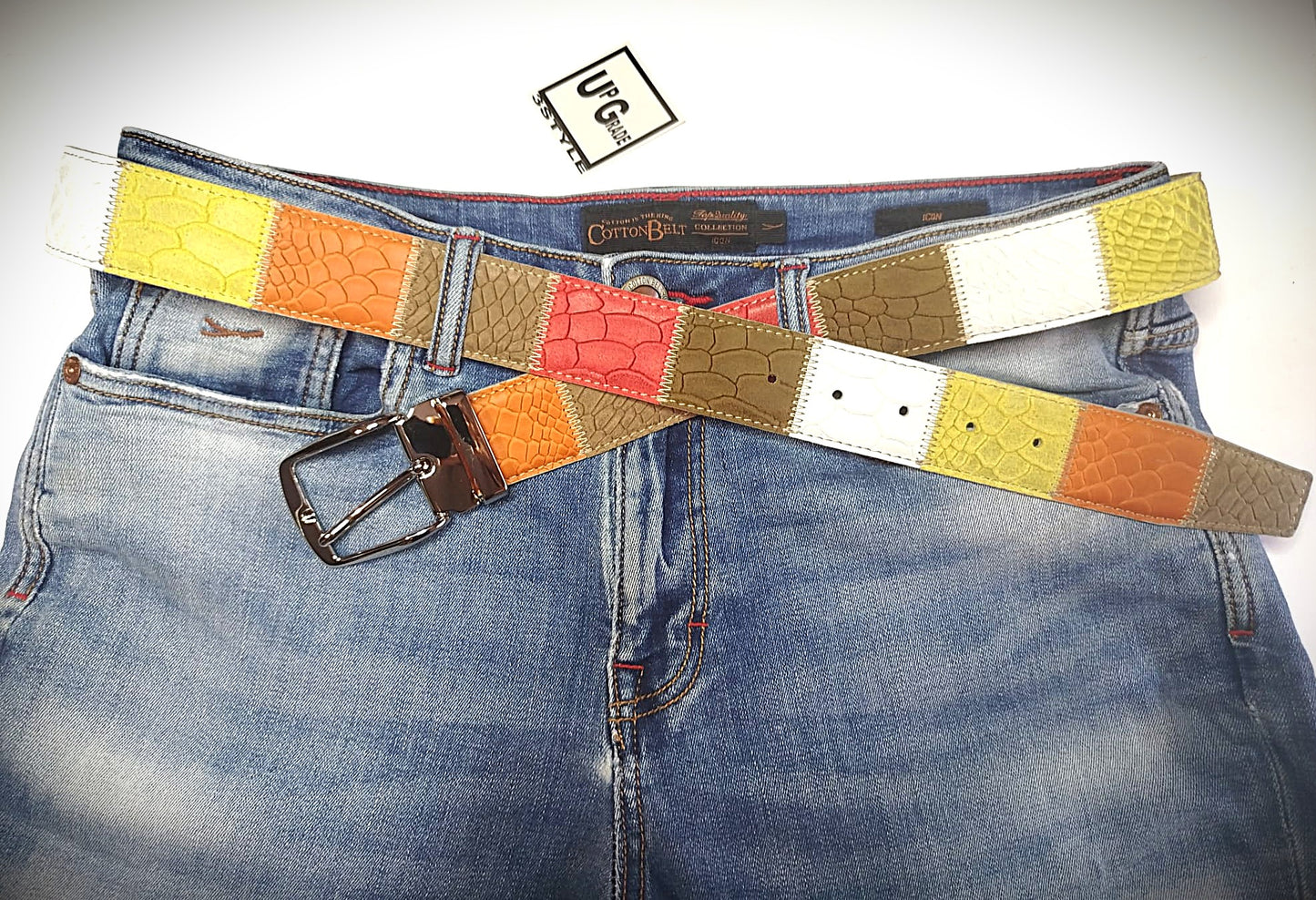 Cintura multicolore patchwork vera pelle cm 4 accorciabile Mod Capri 2 in confezione regalo ECOPACK in cartone riciclato e sacchetto in cotone greggio