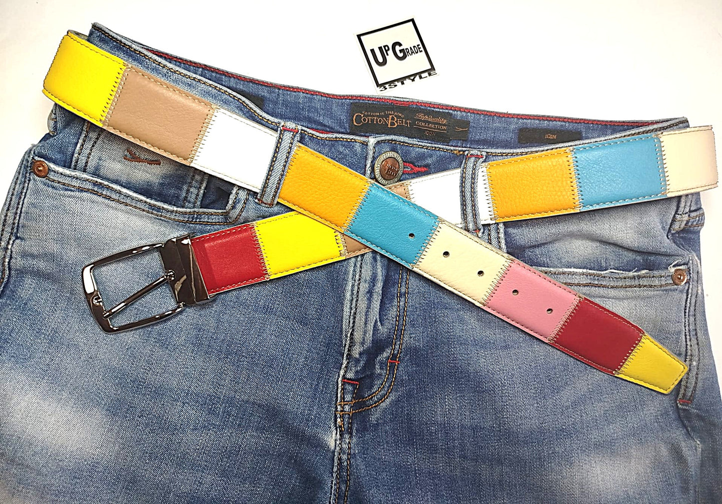 Cintura multicolore patchwork vera pelle cm 4 accorciabile Mod Capri 2 in confezione regalo ECOPACK in cartone riciclato e sacchetto in cotone greggio