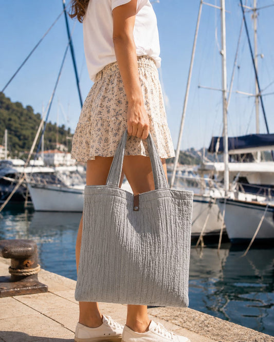 BORSE TOTE BAG EFFETTO TRAPUNTATO IN TESSUTO COTONE MISTO LINO EFFETTO STROPICCIATO