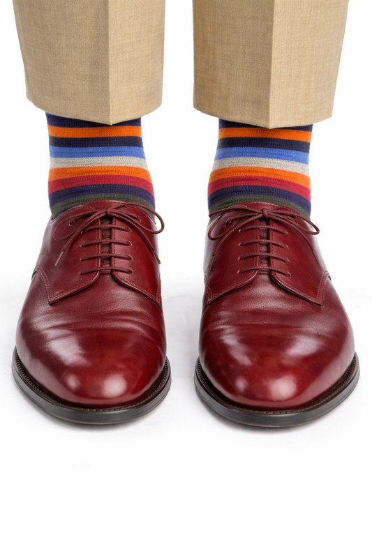 Calze invernali LUNGHE gambaletto in caldo cotone con disegno a RIGHE MULTICOLORE in confezione regalo taglia unica uomo